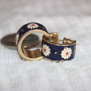 Navy Enamel Floral Hoop Earrings